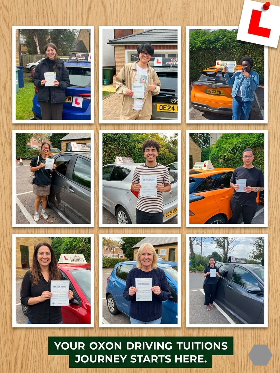 Successful learners from Oxon Driving Tuitions holding their driving test pass certificates in Oxford Nine Oxon Driving Tuitions learners holding their UK driving test pass certificates beside training cars with L plates in Oxford