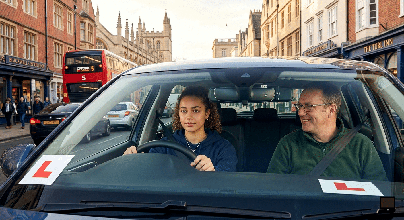 learner driver on cowley road oxford during a professional driving lesson