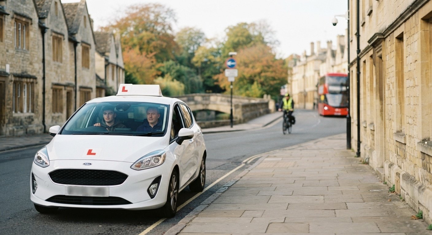 earner driver and instructor in a dual control car on an Oxford street near a traffic filter