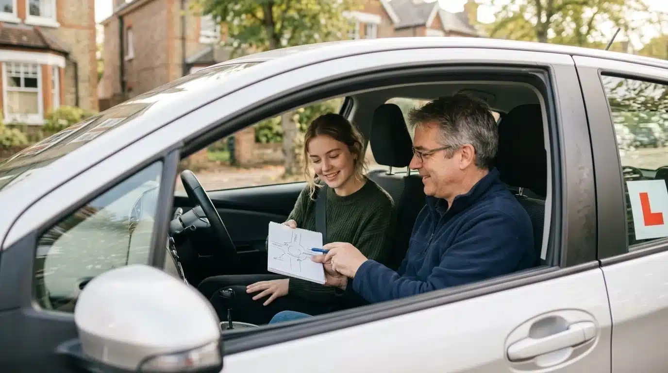 Learner driver taking a short break in an automatic car on a quiet Oxford street while the instructor shows a hand-drawn lesson summary