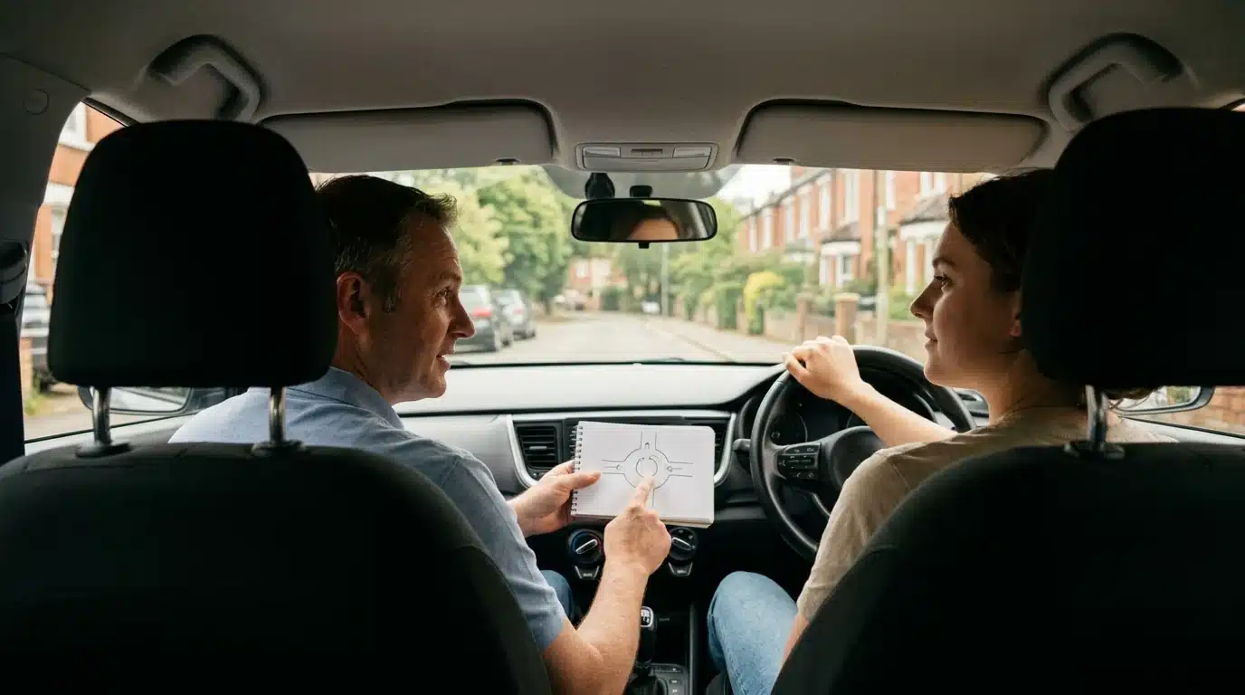 Learner driver in an automatic car on a quiet Oxford street while the instructor explains a roundabout using a hand-drawn diagram